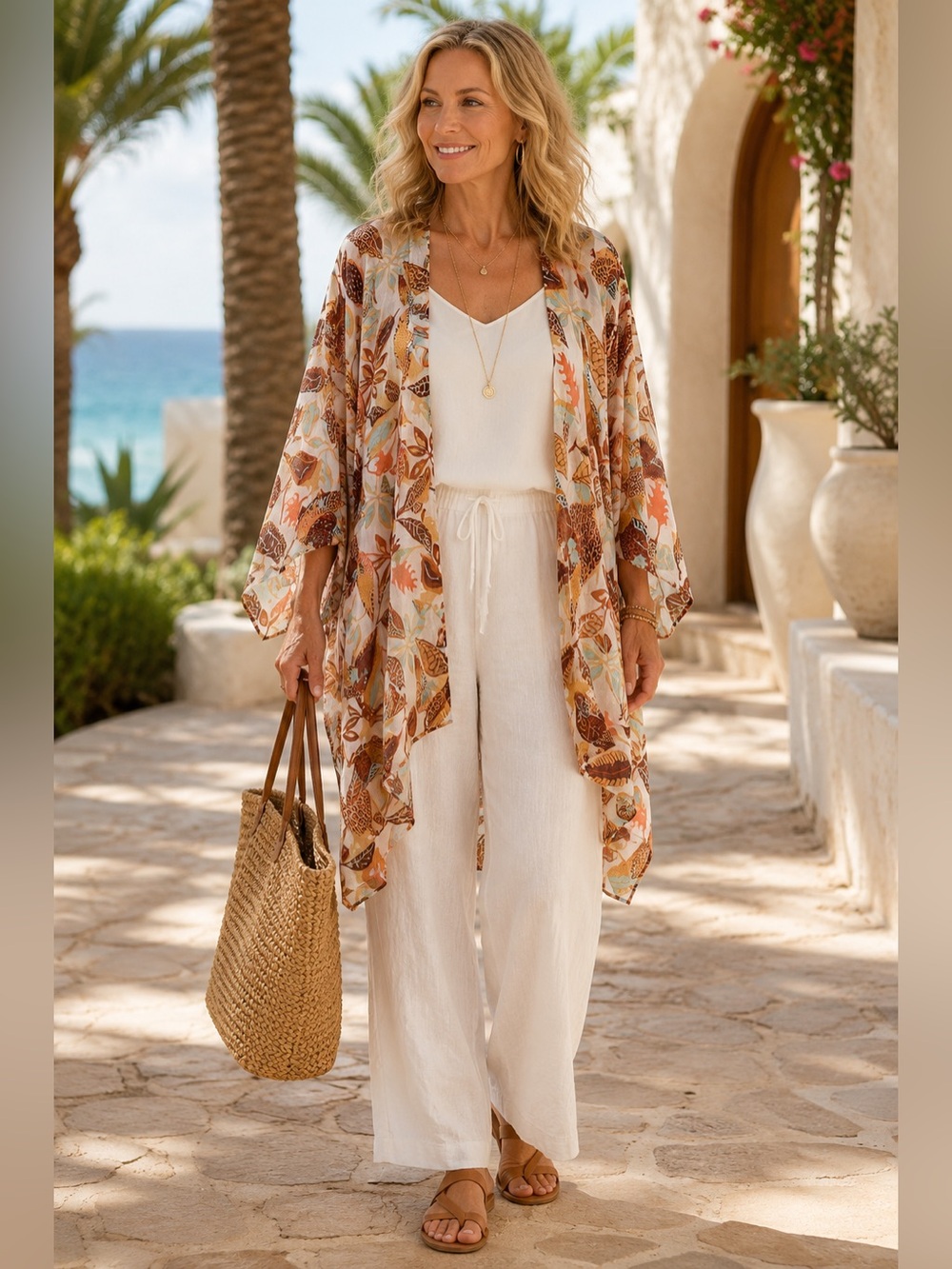 Aerie Tropical Leaf Print Open Front Kimono Cover Up O/S Boho Resort Botanical